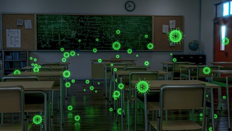 empty school class, covid 19 virus highlighted green. back to school, covid-19, coronavirus, classroom, school, distance, social distance, school off, closed school, pandemic, interior, empty class room, empty classroom, empty school, covid, lockdown, prevention, epidemic, influenza, dangerous, virus, quarantine, protective, corona, disease, flu, protect, corona virus, infection, protection, sick, health, nobody